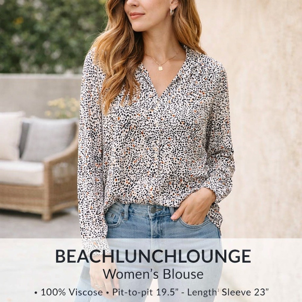 beachlunchlounge Women's Abstract Animal Print Smocked V‎ Neck Blouse Top Sz S